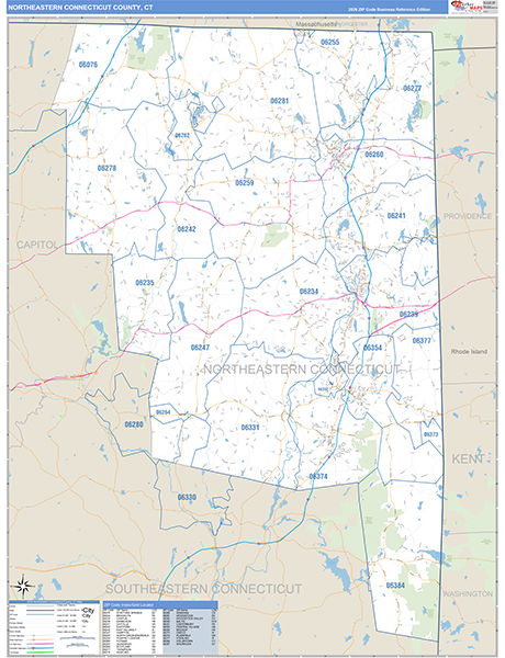 Northeastern Connecticut County, CT Carrier Route Wall Map